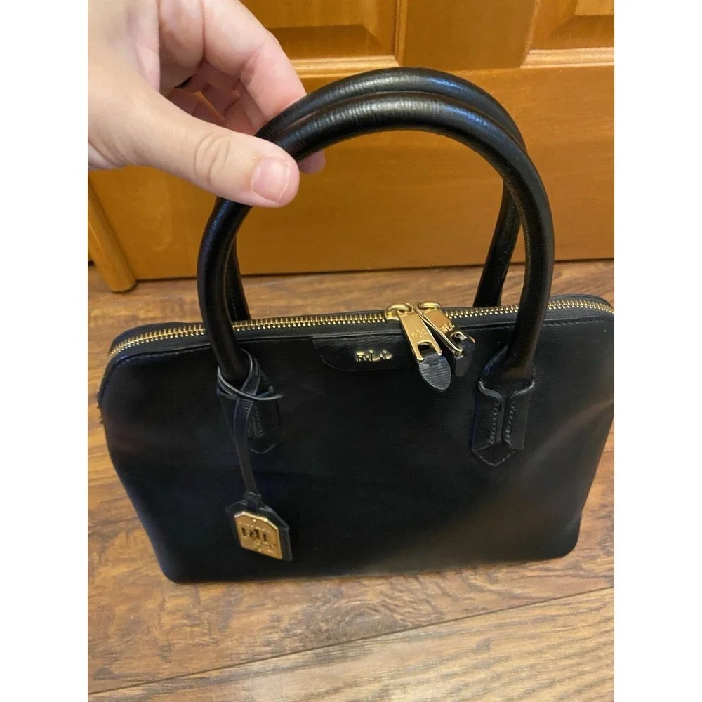 Lauren Ralph Lauren Purse Bag Satchel Black Leather Gold Monogram Zip Medium